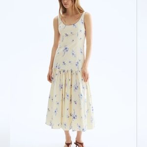 H&M Long Cotton Dress Sleeveless Waist Drop Floral Cream Blue BNWT